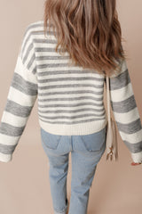 Gray Stripe Drop Shoulder Crew Neck Sweater Sweaters JT's Designer Fashion