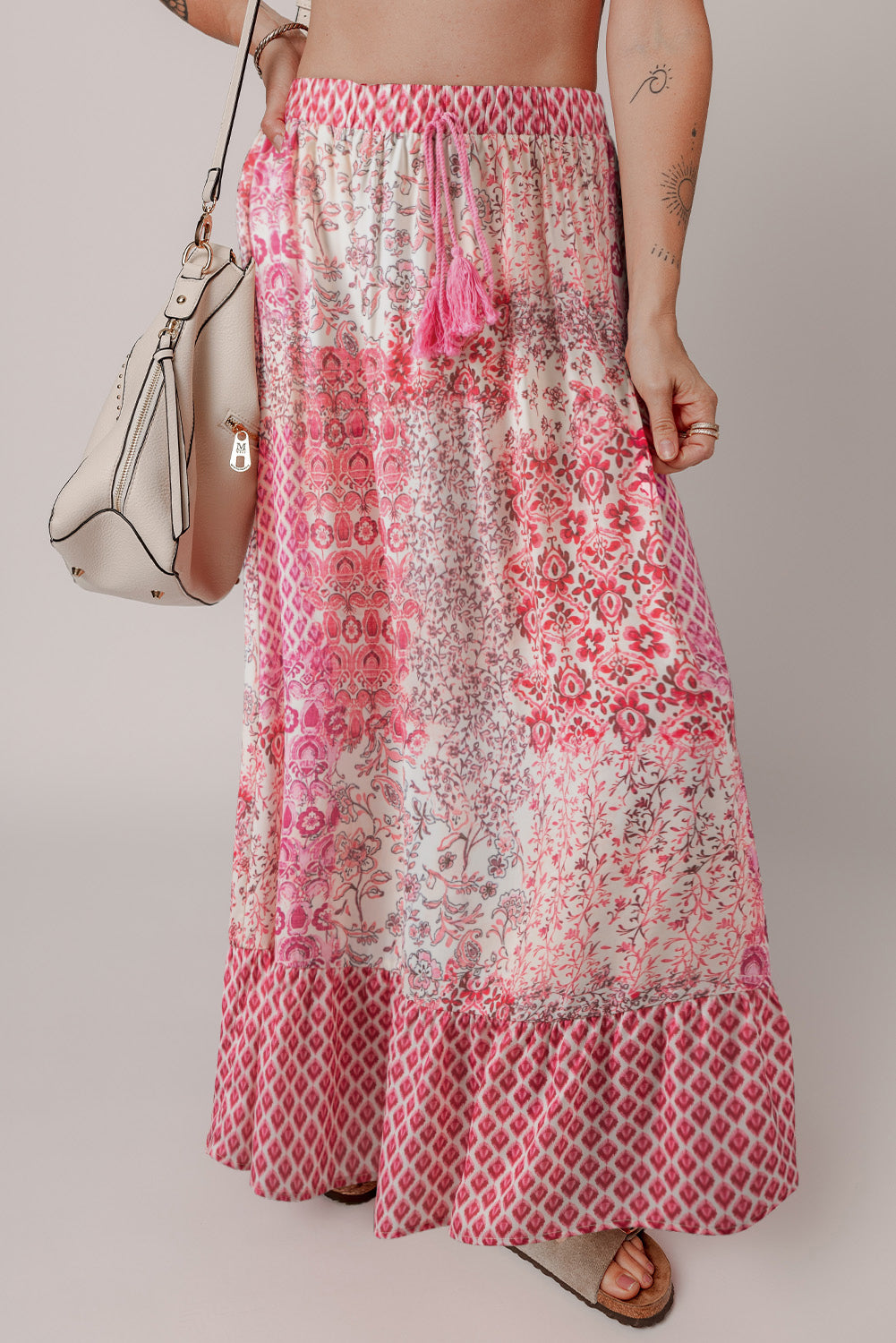 Red Boho Pattern Print Tassel Drawstring High Waist Maxi Dress Red 100%Polyester Skirts & Petticoat JT's Designer Fashion