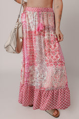 Red Boho Pattern Print Tassel Drawstring High Waist Maxi Dress Red 100%Polyester Skirts & Petticoat JT's Designer Fashion