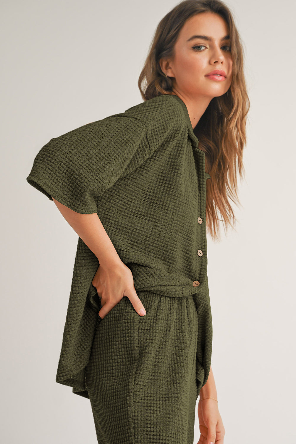 Four Leaf Clover Solid Color Textured Buttoned Shirt and Casual Pants Set Pant Sets JT's Designer Fashion