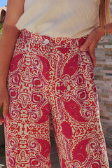 Red Paisley Printed Buttoned High Waist Straight Leg Pants Pants & Culotte JT's Designer Fashion