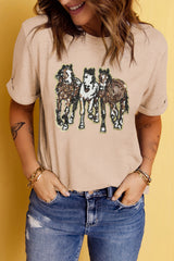 Khaki Sequin Horses Patched Casual Crewneck T Shirt Graphic Tees JT's Designer Fashion