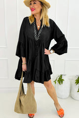 Black Chambray Ruffled 3/4 Sleeve Tiered Split V Neck Mini Dress Mini Dresses JT's Designer Fashion