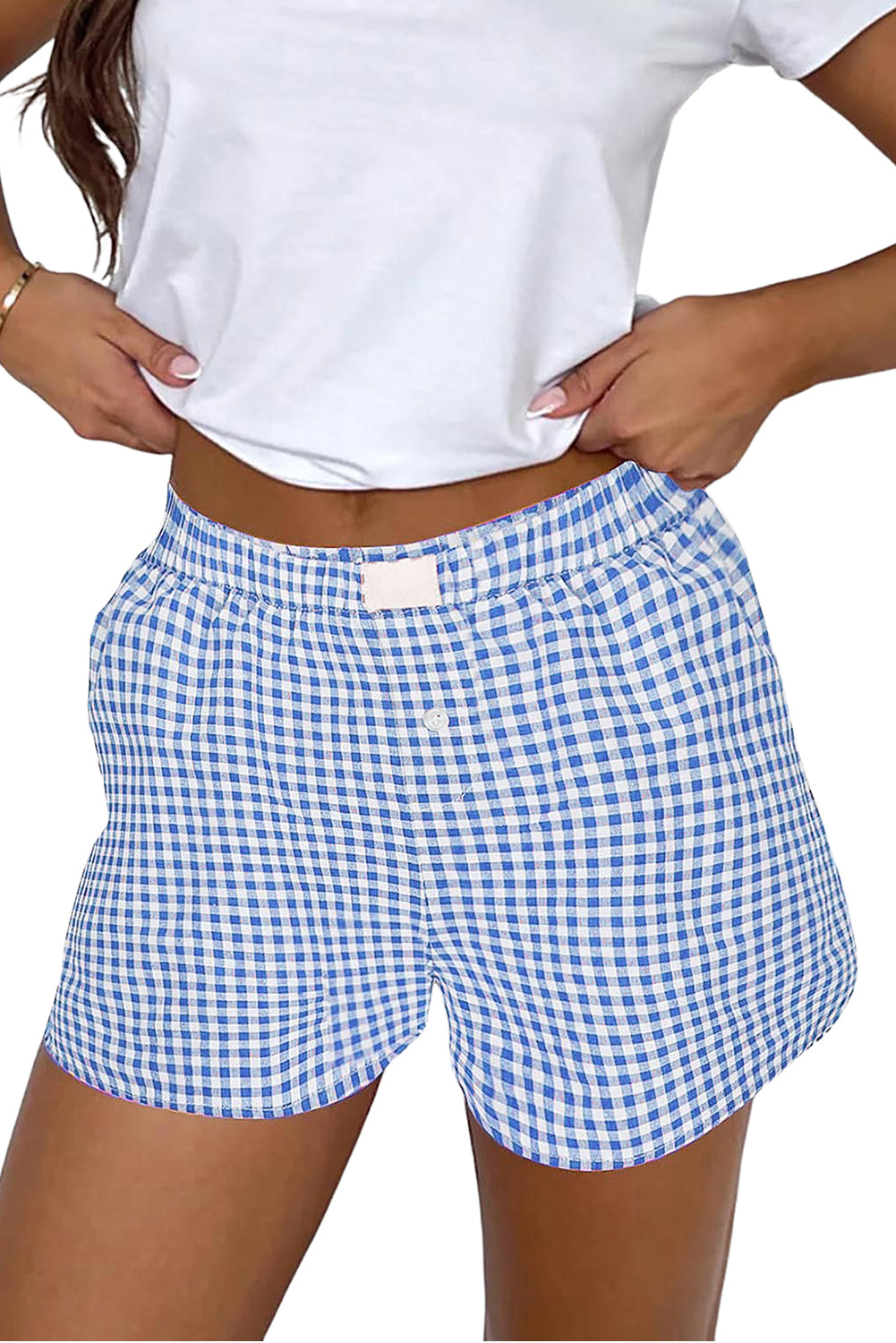 Blue Gingham Printed High Waist Shorts Casual Shorts JT's Designer Fashion
