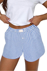 Blue Gingham Printed High Waist Shorts Casual Shorts JT's Designer Fashion
