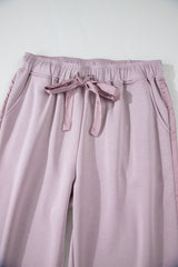 Orchid Petal Drawstring Waist Satin Stripe Patch Straight Leg High Waist Pants Pants & Culotte JT's Designer Fashion