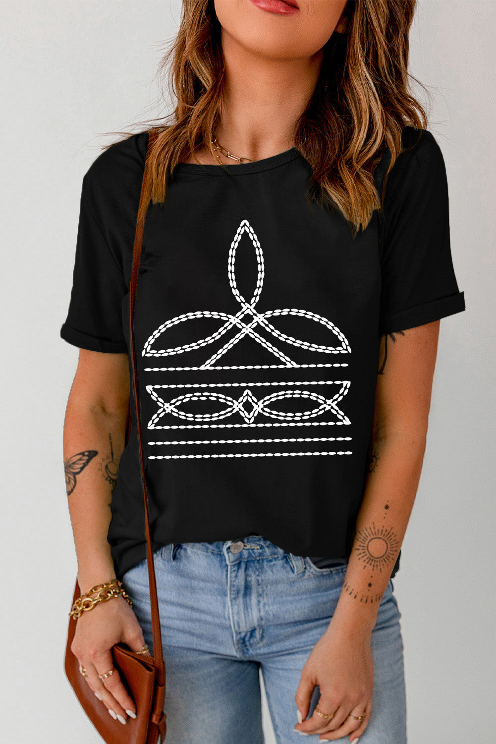 Black Western Pattern Print Slim Fit Crew Neck T Shirt Graphic Tees JT's Designer Fashion
