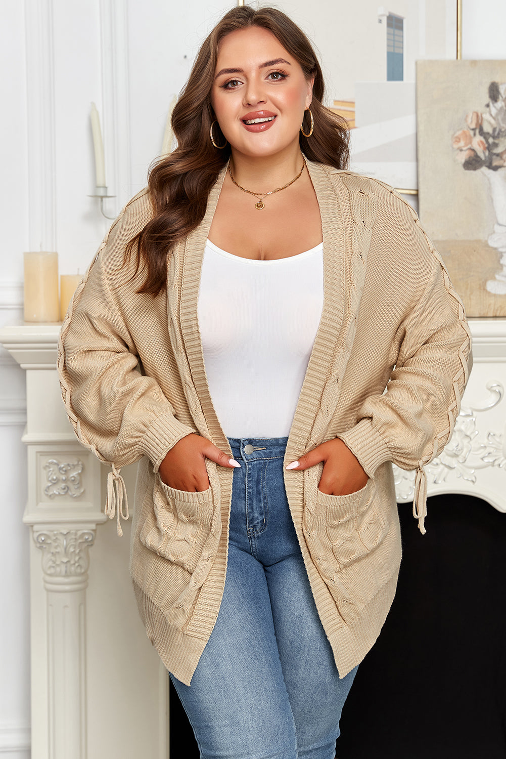 Parchment Cable Knit Braided Tie Sleeve Plus Size Open Cardigan Plus Size Sweaters & Cardigans JT's Designer Fashion