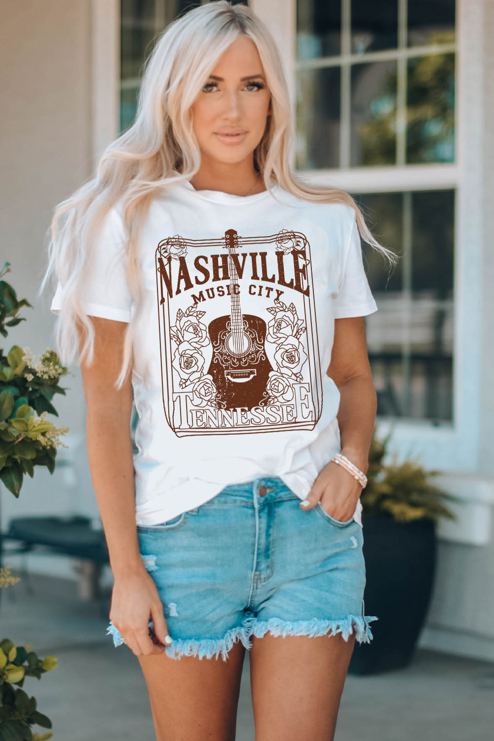 White NASHVILLE MUSIC CITY Graphic Crew Neck Tee Graphic Tees JT's Designer Fashion
