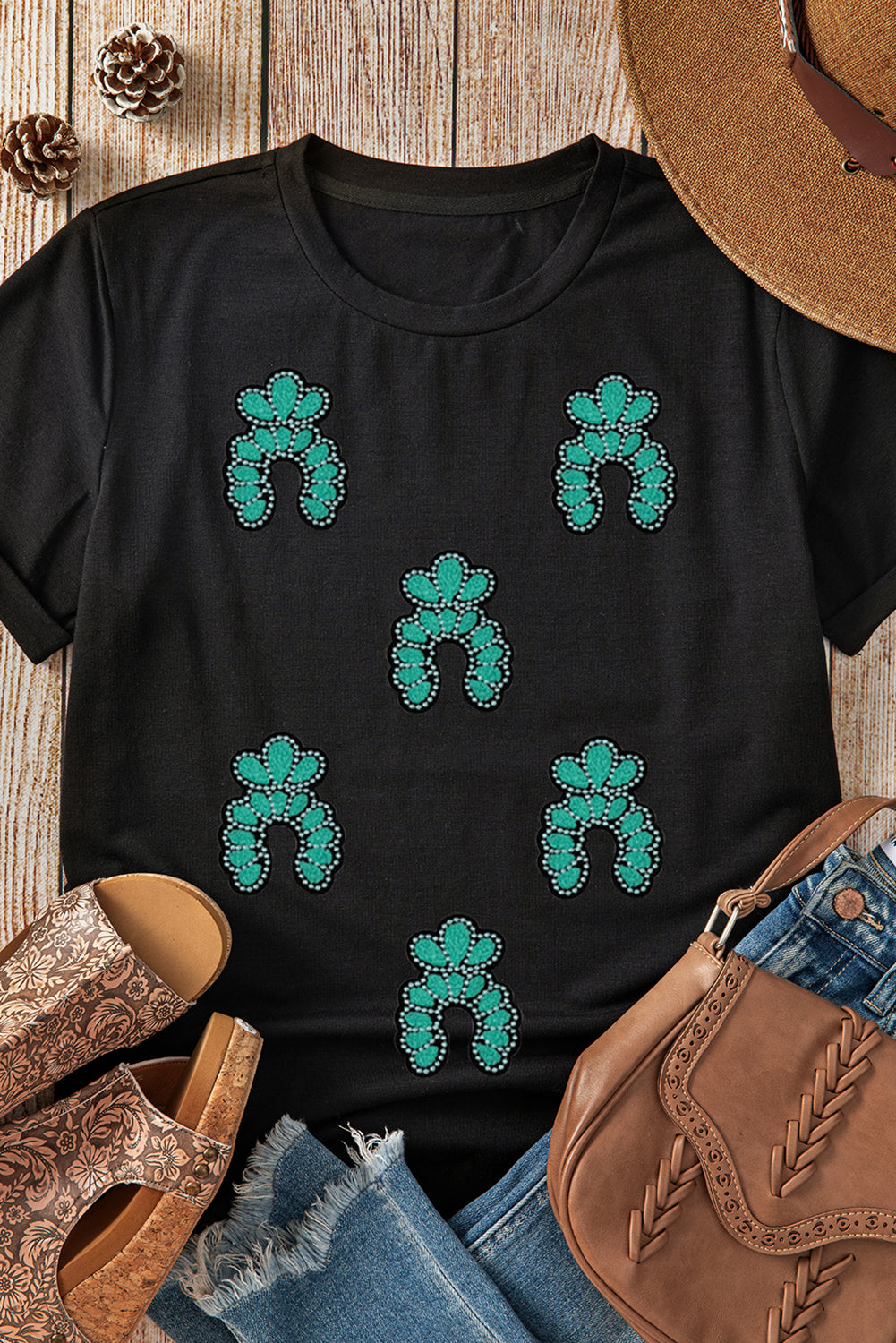 Black Western Turquoise Pattern Sequin Patched T Shirt Graphic Tees JT's Designer Fashion