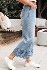 Dusk Blue Embroidered Cropped Wide Leg High Waist Jeans Jeans JT's Designer Fashion