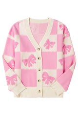 Pink Bowknot Checkered Pattern V Neck Drop Shoulder Button Up Cardigan Cardigans JT's Designer Fashion