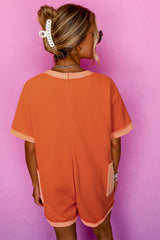 Russet Orange Two-tone Short Sleeve V Neck Patched Pocket Loose Romper Jumpsuits & Rompers JT's Designer Fashion