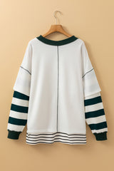White Stripe Colorblock Sleeve Exposed Seam Fake-2-Piece Sweatshirt Sweatshirts & Hoodies JT's Designer Fashion