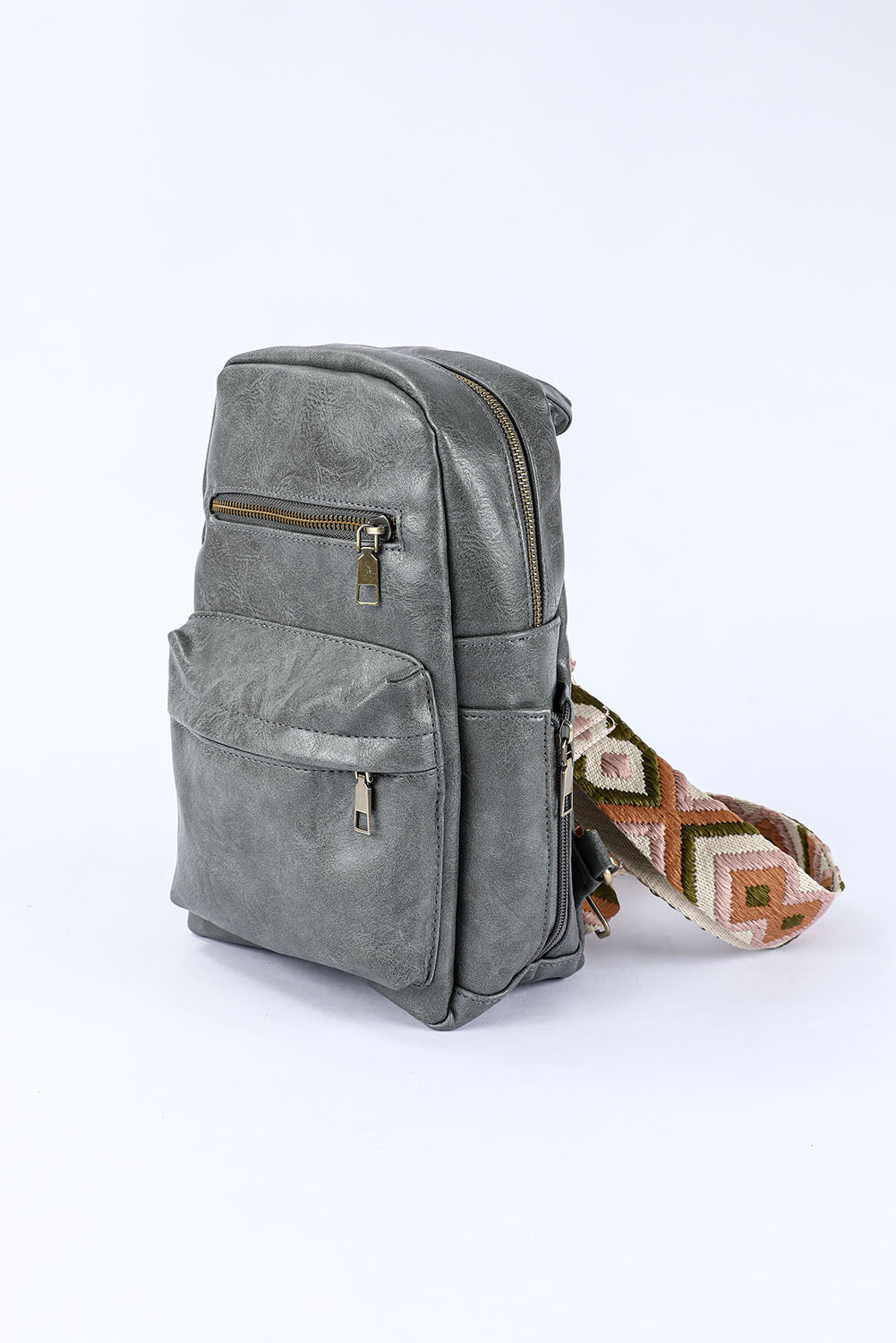 Gray Double Zipper Faux Leather Backpack Backpacks JT's Designer Fashion