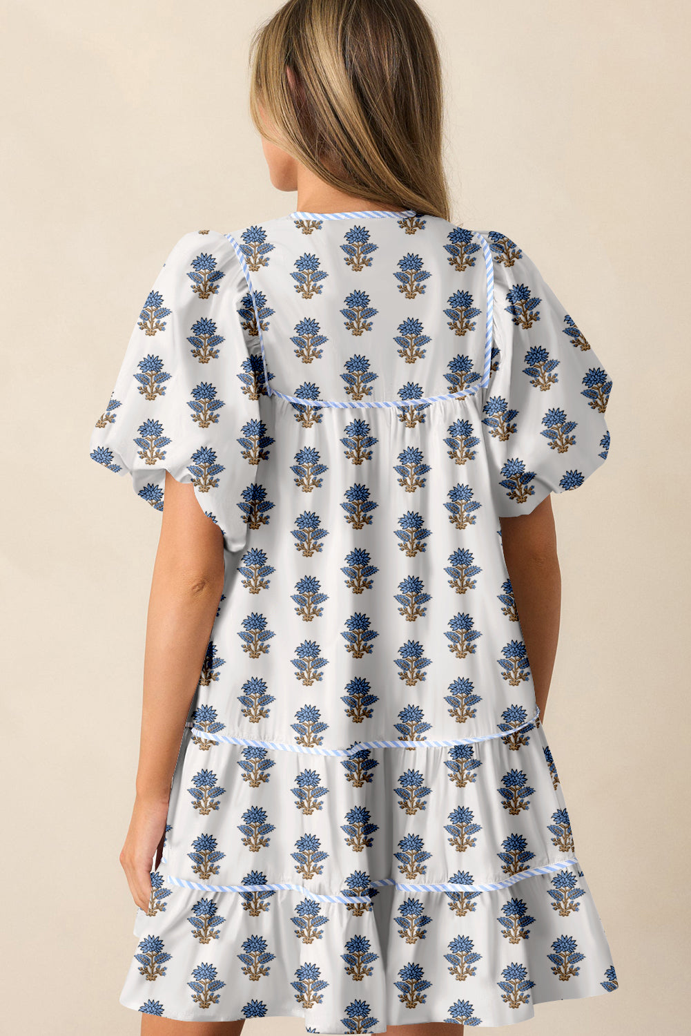 Sky Blue Floral Puff Sleeve Tied Neck Pocketed Mini Dress Floral Dresses JT's Designer Fashion