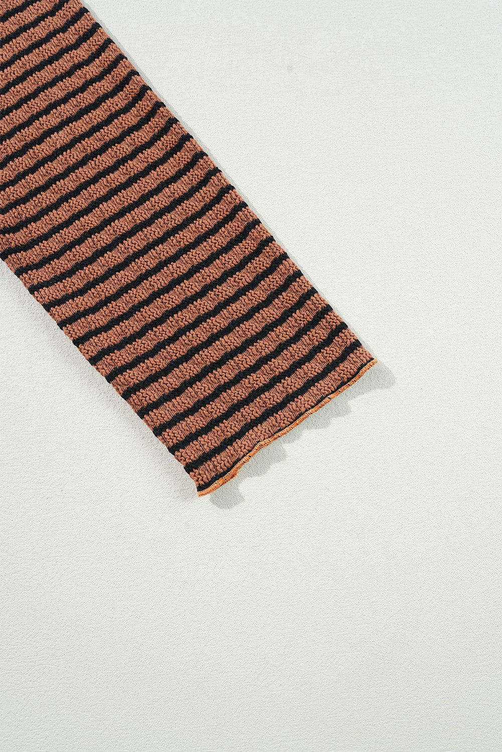 Brown Stripe Textured Frilly Trim Buttons Henley Long Sleeve Top Long Sleeve Tops JT's Designer Fashion