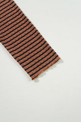 Brown Stripe Textured Frilly Trim Buttons Henley Long Sleeve Top Long Sleeve Tops JT's Designer Fashion