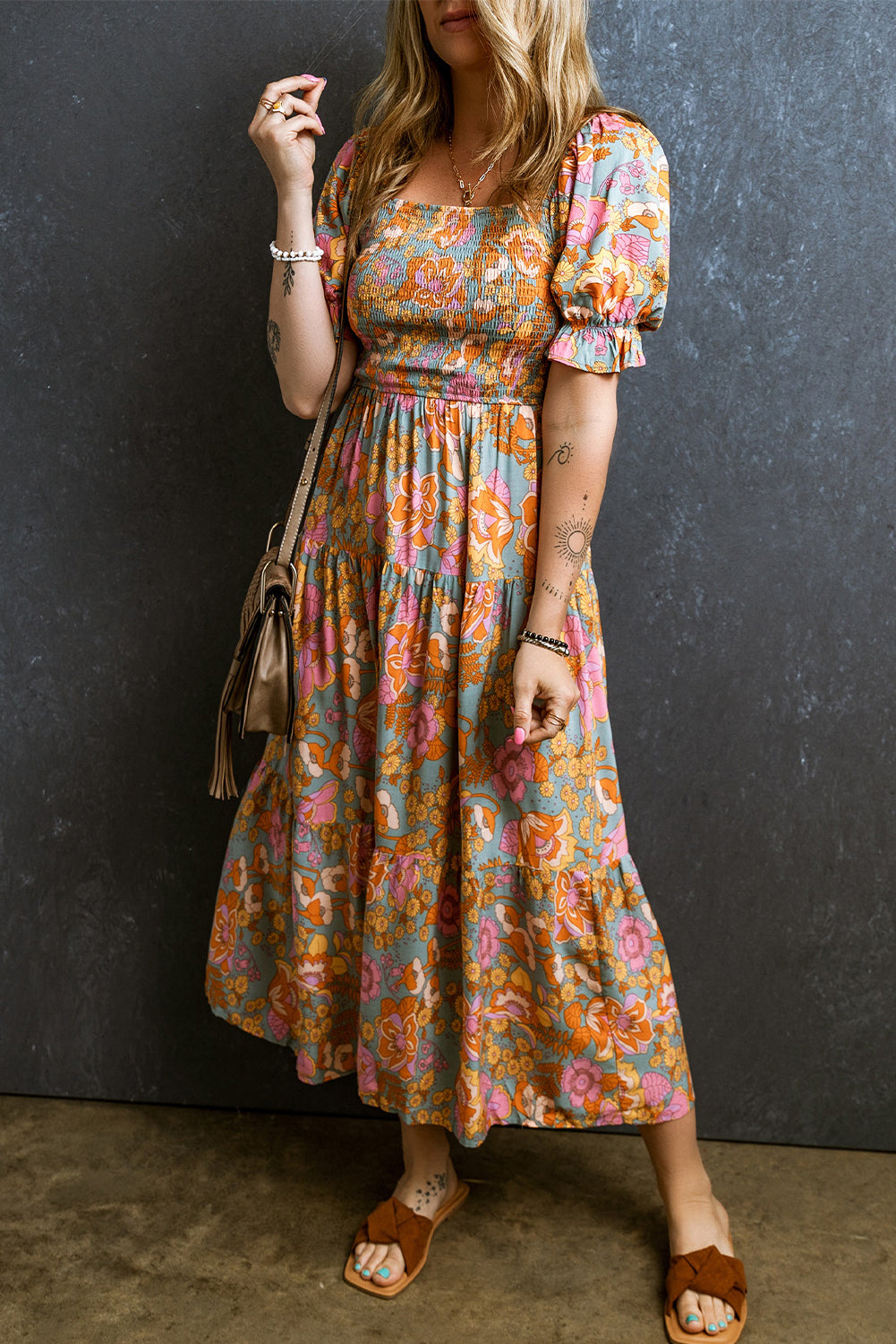 Yellow Smocked Bodice High Waist Puff Sleeve Floral Dress Floral Dresses JT's Designer Fashion