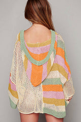 Beige Pointelle Knit Colorblock Patchwork V Neck Hooded Plus Sweater Plus Size Sweaters & Cardigans JT's Designer Fashion
