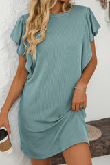 Canton Corded Ruffle Sleeve Crew Neck Shift Dress Mini Dresses JT's Designer Fashion