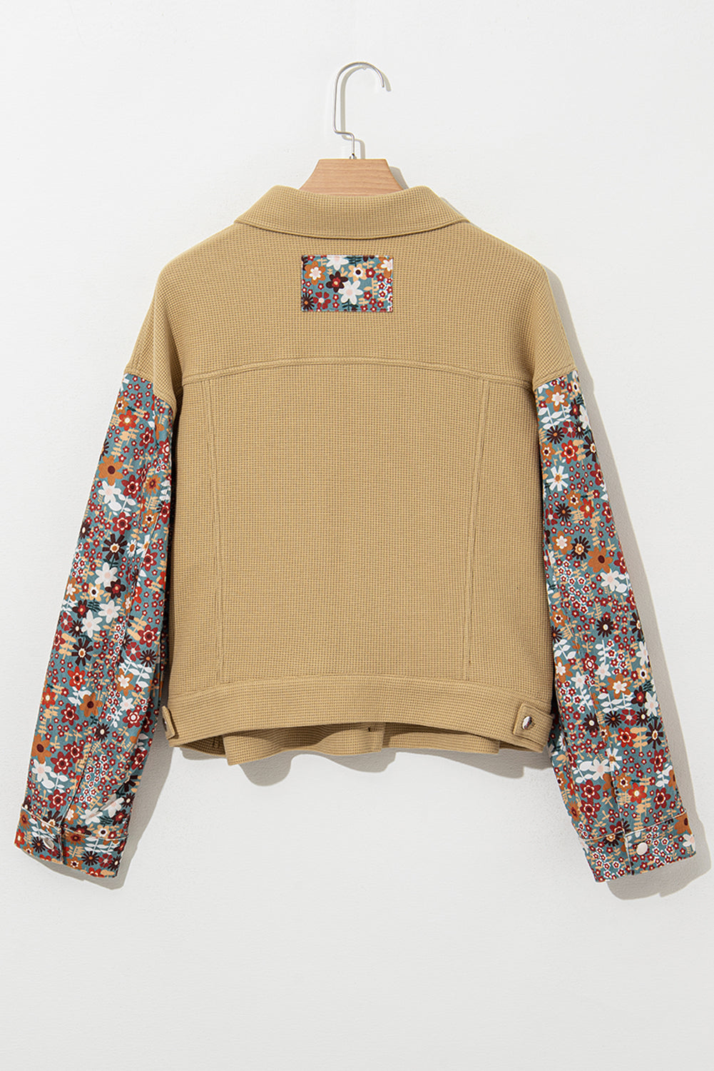 Khaki Waffle Knit Floral Print Patchwork Button up Jacket Jackets JT's Designer Fashion