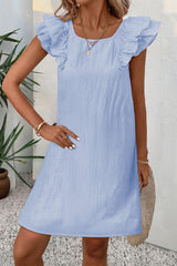Beau Blue Textured Flutter Sleeve Square Neck Bow Back Mini Dress Dresses JT's Designer Fashion