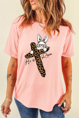 Pink He is Risen Easter Bunny Leopard Cross Graphic Tee Graphic Tees JT's Designer Fashion