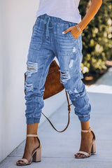 Sky Blue Pocketed Distressed Denim Joggers Jeans JT's Designer Fashion