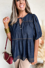 Sail Blue Puff Sleeve Lace-up Neckline Splicing Denim Blouse Blouses & Shirts JT's Designer Fashion