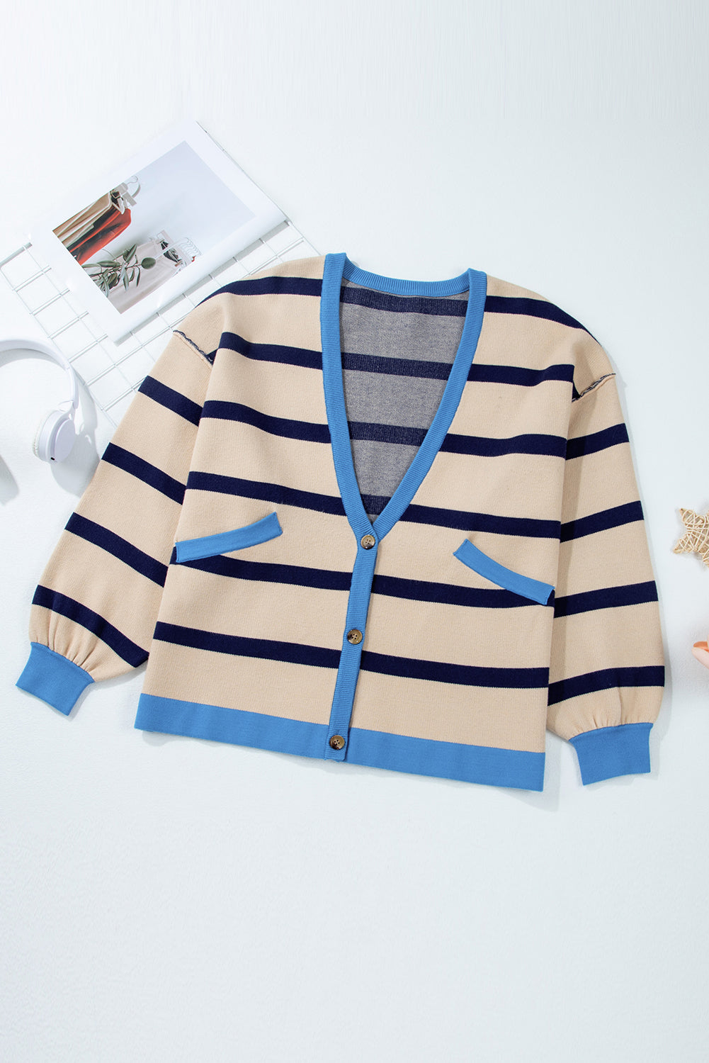 White Colorblock Drop Shoulder Buttoned Loose Cardigan Cardigans JT's Designer Fashion