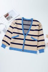 White Colorblock Drop Shoulder Buttoned Loose Cardigan Cardigans JT's Designer Fashion