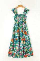 Green Floral Print Sleeveless Ruffle Tiered Maxi Dress Floral Dresses JT's Designer Fashion