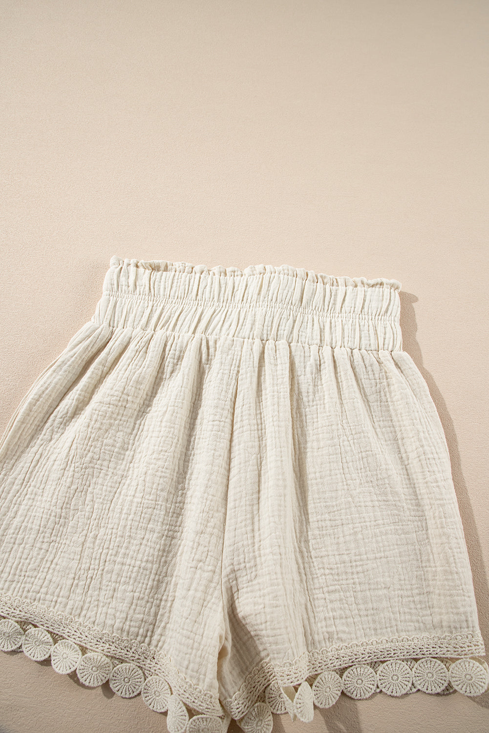 Apricot Textured Frilled Knotted High Waist Lace Hem Shorts Casual Shorts JT's Designer Fashion