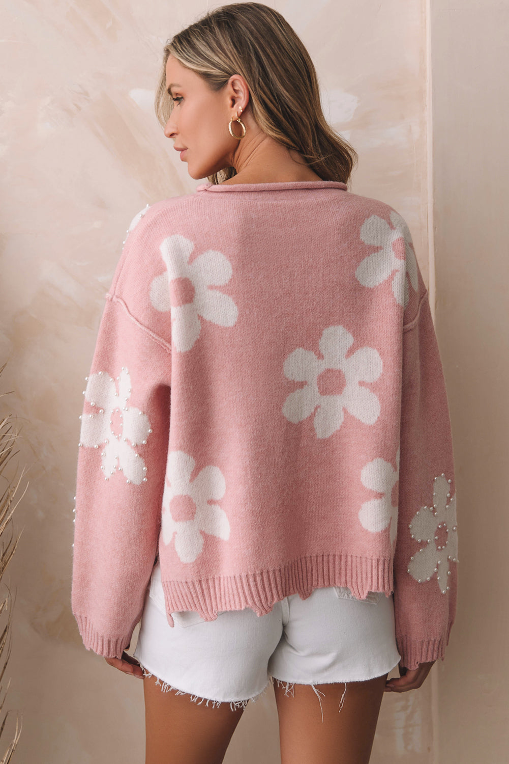 Multicolour Pearl Beaded Floral Drop Shoulder Sweater Sweaters JT's Designer Fashion