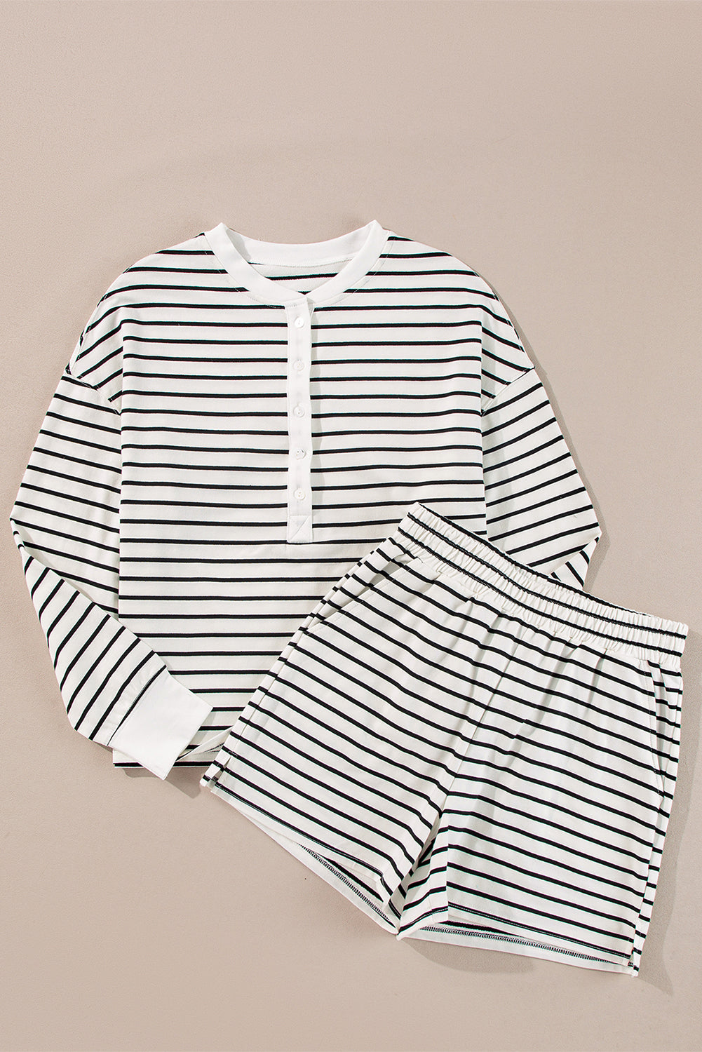 Black white Stripes Printed Half Button Long Sleeve Top and Shorts Set Short Sets JT's Designer Fashion