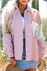 Pink Houndstooth Color Contrast Textured Patchwork Loose Shacket Jackets JT's Designer Fashion