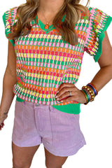 Green Printed Cap Sleeve Ribbed Trim Sweater Sweaters & Cardigans JT's Designer Fashion