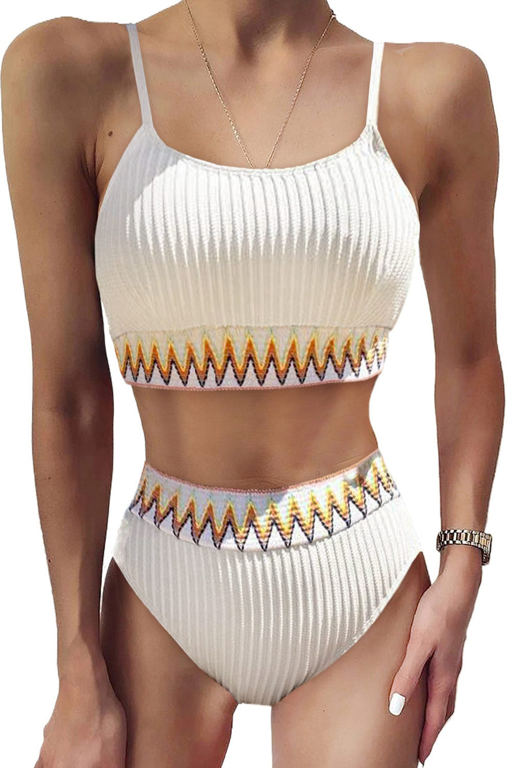White Textured Contrast Banding Bikini High Waist 2pcs Swimsuit High Waisted Swimsuit JT's Designer Fashion