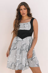 Black Sleeveless Leather Bustier Patchwork Paisley Floral Chiffon Dress Mini Dresses JT's Designer Fashion
