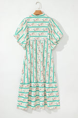 Multicolour Striped Floral Print Tie Split Neck Puff Sleeve Midi Dress Floral Dresses JT's Designer Fashion
