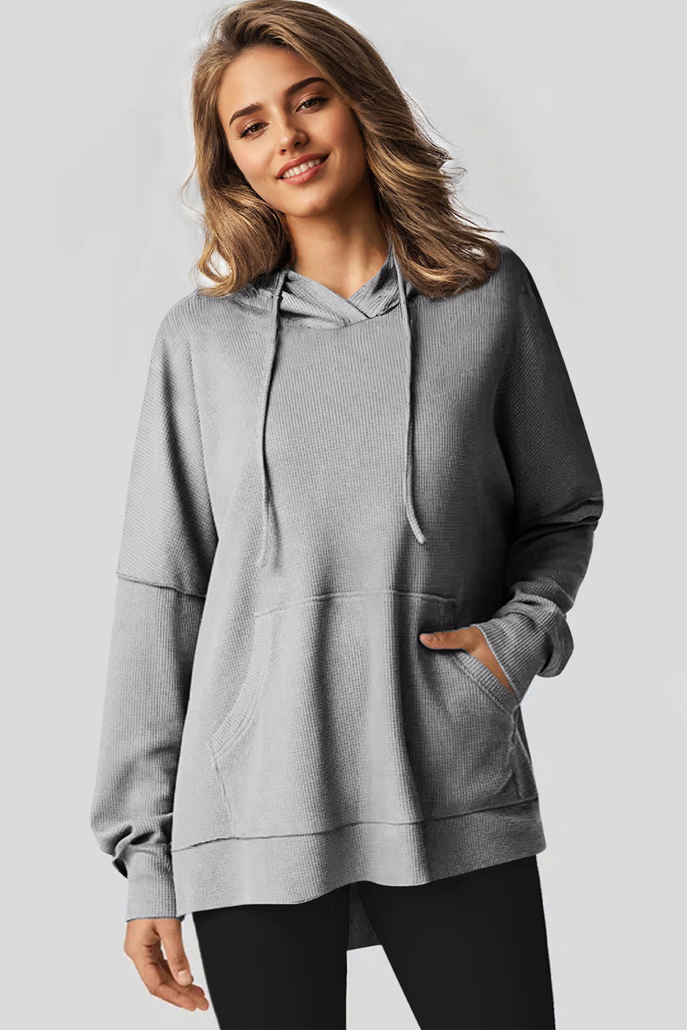 Gray Waffle Knit Fleece Lined High Low Oversized Hoodie Sweatshirts & Hoodies JT's Designer Fashion