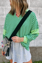 Green Stripe Turn-Down V Neck Patchwork Loose Top Long Sleeve Tops JT's Designer Fashion