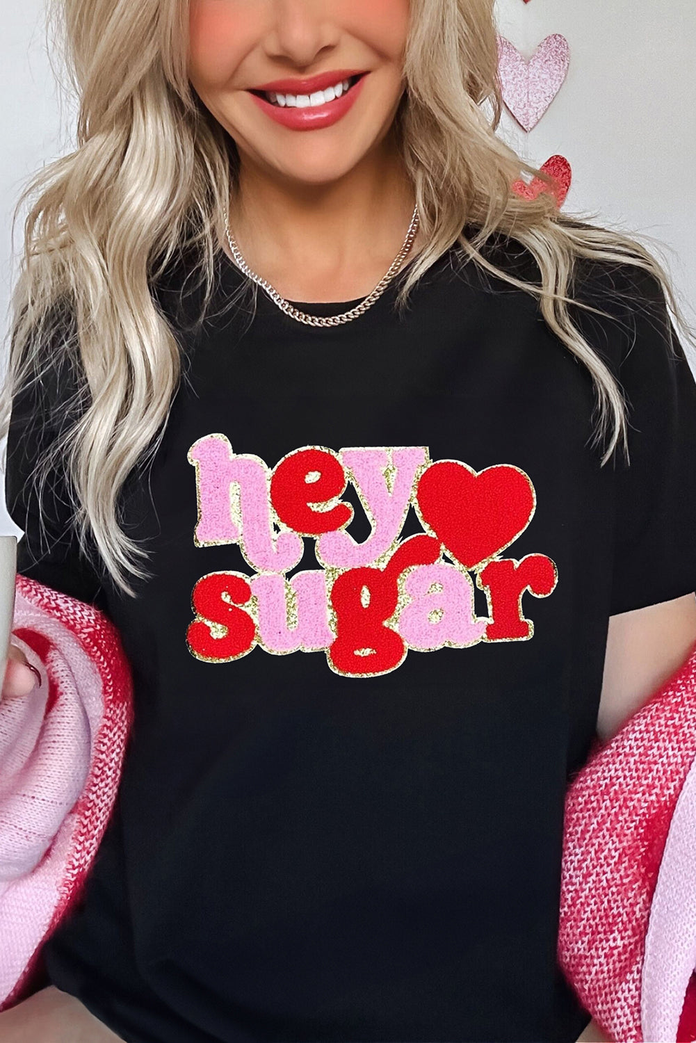 Black Chenille Heart hey sugar Patched Crewneck Valentines Tee Graphic Tees JT's Designer Fashion