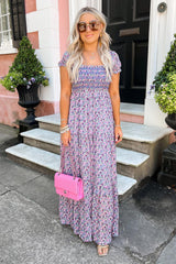 Purple Floral Short Bubble Sleeve Shirred High Waist Long Dress Maxi Dresses JT's Designer Fashion