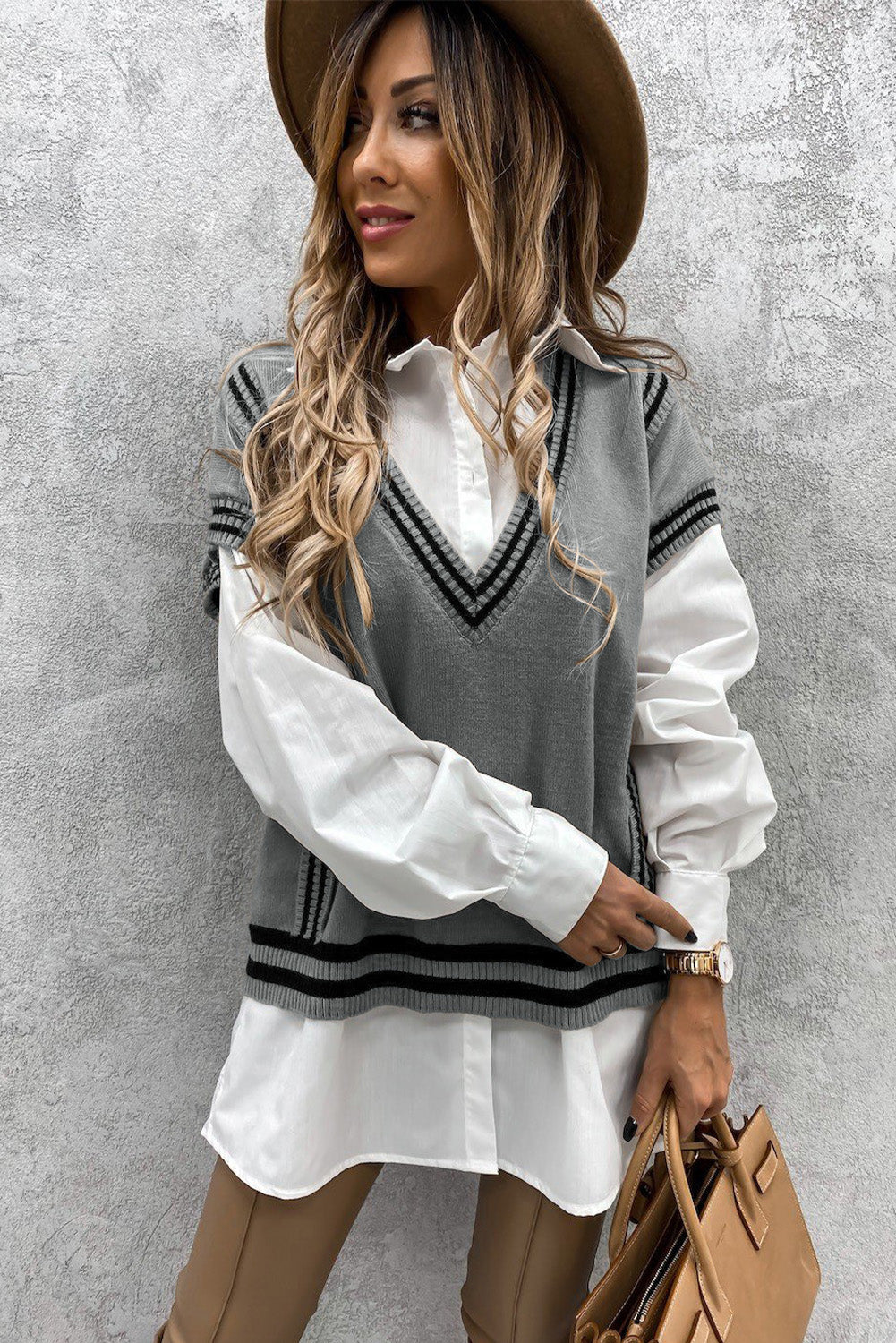 Gray V Neck Contrast Stripes Trims Short Sleeve Sweater Sweaters & Cardigans JT's Designer Fashion