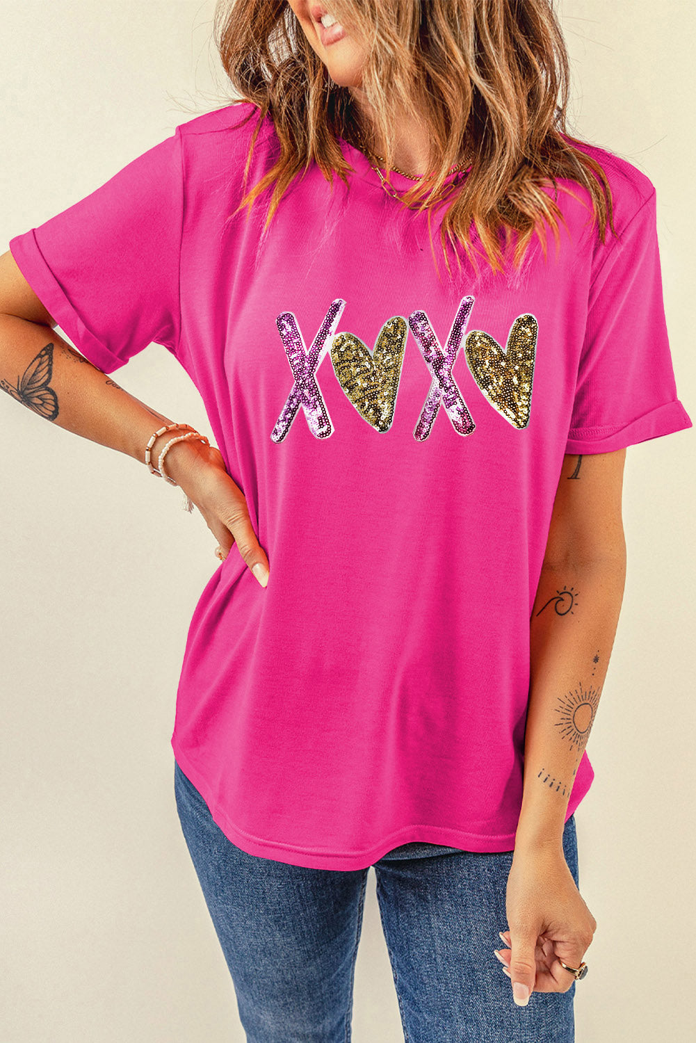 Rose Red Heart XOXO Graphic Crewneck Valentines T Shirt Graphic Tees JT's Designer Fashion