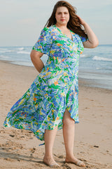 Green Leaves Print Short Sleeve Surplice Neck Ruffled Trim Plus Size Maxi Dress Plus Size Maxi Dresses JT's Designer Fashion