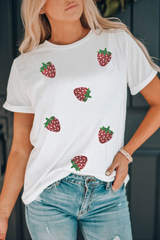White Sequin Strawberry Patched Crew Neck T Shirt Graphic Tees JT's Designer Fashion