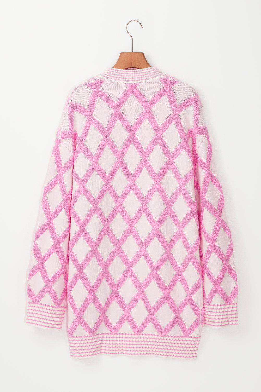 Pink Rhombus Pattern Knit Open Front Pocketed Cardigans Cardigans JT's Designer Fashion